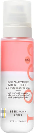 Beekman 1802 Milk Shake Hydrating Body Mist – Alcohol-Free Moisture with Goat Milk, Hyaluronic Acid & Squalane, Lightweight Skin Softening Spray for Sensitive Skin – Juicy Peachy Lychee, 4.7 Fl Oz