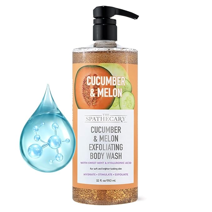 Cucumber & Melon Exfoliating Body Wash with Sweet Mint & Hyaluronic Acid | Hydrate Stimulate & Exfoliate for Smoothe, Fresh Skin, 32 oz.