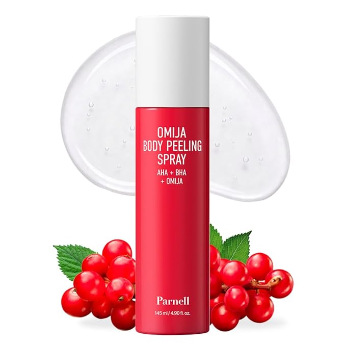 PARNELL AHA Omija Ceramic Body Peeling Spray – AHA BHA PHA Body Exfoliant for Keratosis Pilaris, Strawberry Legs, Dark Spots & Dead Skin Remover – Chemical Exfoliant, Rough Skin 4.60 fl.oz