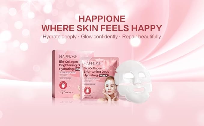 Bio-Collagen Hydrogel Face Mask – Turns Transparent Overnight for Glass Skin – 34g Deep Hydration with 9 Types of Hyaluronic Acid – Brightening Vitamin C & Niacinamide (4-Pack)
