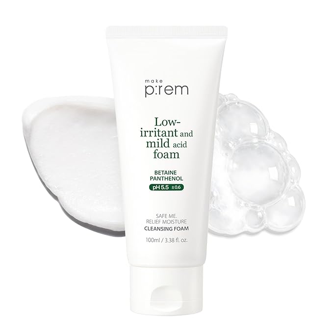 MAKE P:REM Safe Me. Relief Moisture Cleansing Foam, Delicate Eye-Friendly Face Wash for Sensitive Skin, pH Balanced Deep Pore Cleansing, Korean Skin Care, 3.38 Fl Oz, 100ml