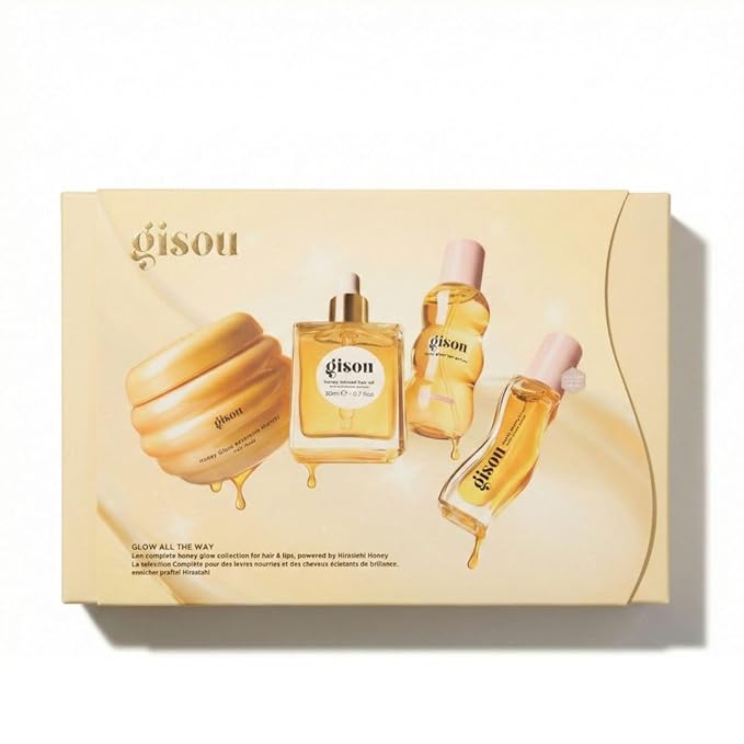 Gisou Glow All The Way Hair & Lip Gift Set: Lip Oil, Hair Mask, Oil & Perfume