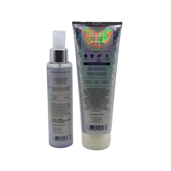 Bath & Body Works PLATINUM Diamond Shimmer Mist & Ultimate Hydration Body Cream 2pc bundle with a Blue Bow for Holidays & Gifts