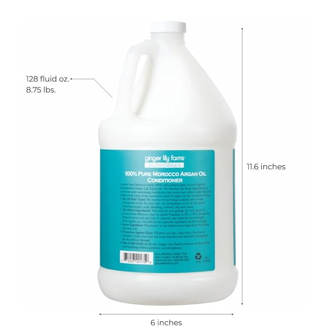 Ginger Lily Farms Salon Formula 100% Pure Morocco Argan Oil Conditioner for All Hair Types, 100% Vegan & Cruelty-Free, 1 Gallon, 128 Fl Oz (Pack of 1) Refill