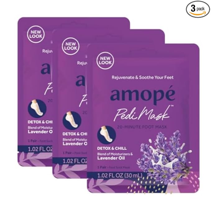 Amopé PediMask 20-Minute Foot Mask, Intensely Moisturizing Socks, Rejuvenates & Soothes, Self-Care, w/ Lavender Oil, Urea, a Blend of Moisturizers & Vitamin Complex for Long Lasting Hydration, 3 pair