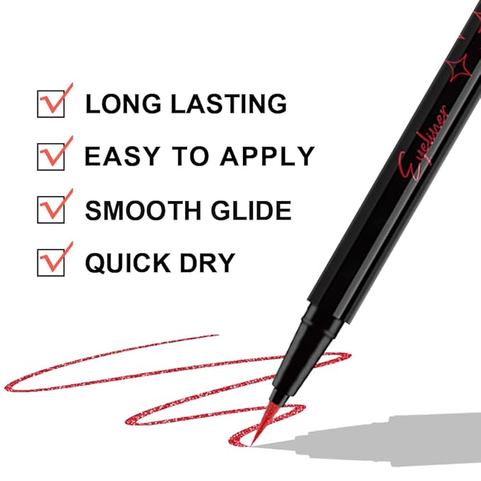 Red Metallic Glitter Liquid Eyeliner Pen – Long-Lasting Sparkly Waterproof Eyeliner for Women & Men – Tattoo-Effect Eye Makeup for Parties – Delineador de ojos líquido con 09