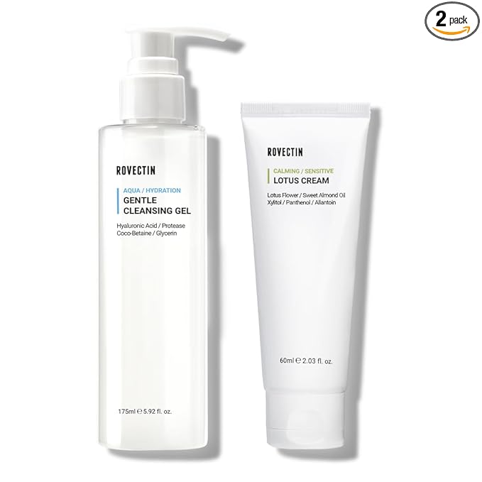 ROVECTIN Calming Lotus Water Cream (2.1 fl.oz, 60ml) Moisturizer + Aqua Cleansing Gel (5.9 fl. oz, 175ml) pH| Bundle [2 Pack]