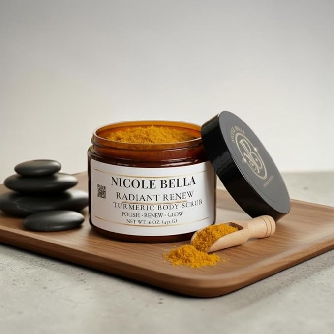 Turmeric Body Scrub- Exfoliating Sugar Scrub for Glowing Skin, Brightening & Dark Spot Care, Smooths Texture, Radiant Renew, 16 oz