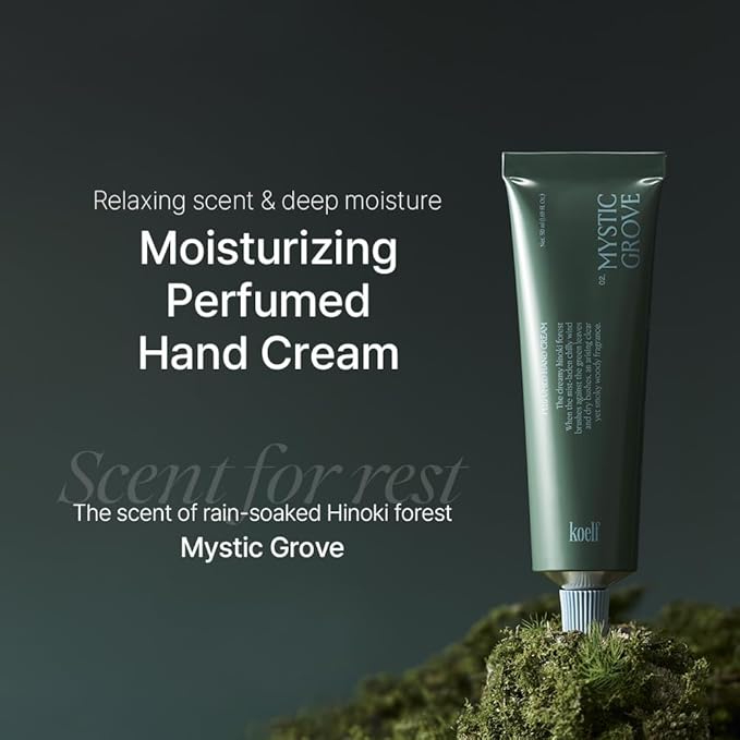Koelf Perfumed Hand Cream No.2 Mystic Grove 50ml (1.69 fl. oz.) - Hand Moisturizer for Dry Skin with Urea, Lactobacillus Complex, Centella Asiatica, Hinoki Scented Soothing Hand Cream
