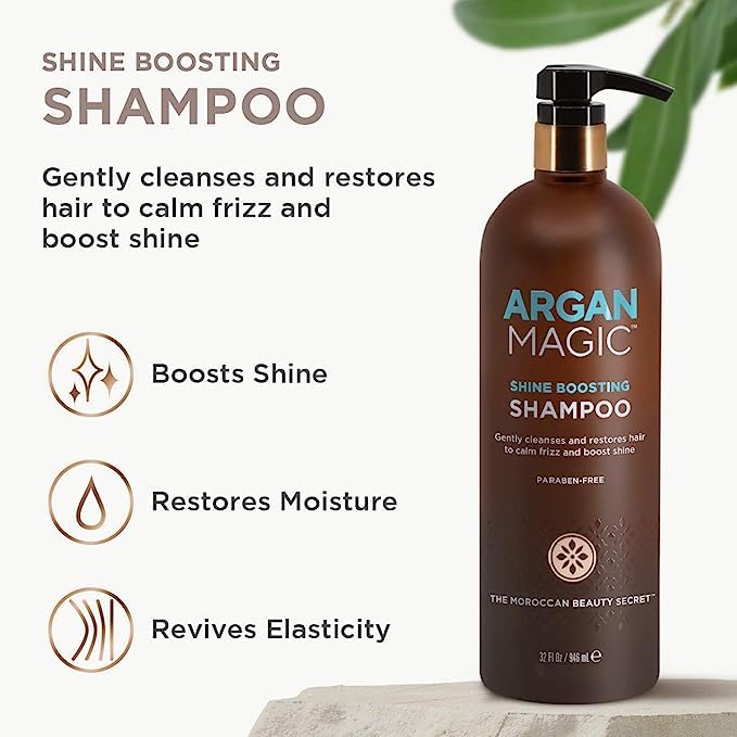 ARGAN MAGIC Hair Care Essentials Trio - Shine Boosting Shampoo | Moisturizing Conditioner | 10 in 1 Leave in Spray | Restores Shine & Elasticity | Hydrates | Detangles, (32 oz / 8 oz)