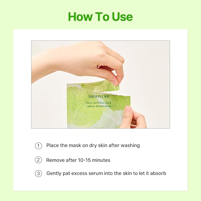 Papa Recipe - Real Centella Cica Cream Repair Mask (27g * 10 Sheets) - Cream Repair Mask, Centella Cica Care, Calming & Moisturizing, Non-Sticky Finish, Korean Skincare