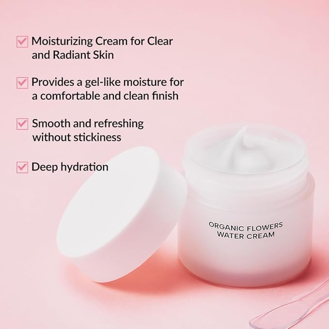 Whamisa Organic Flowers Water Cream, 95.2% Organic, Waterless Formula, Fermented Ingredient Formula for Deep Hydration & Calming Care, Moisturizing, Korean Skin Care (50ml)