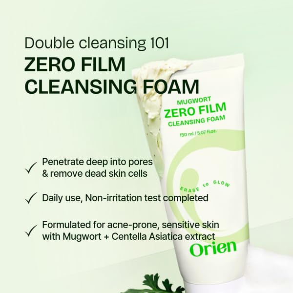 Orien Mugwort Zero Film Cleansing Foam 5.07 fl.oz, 150ml ㅣDaily Makeup Blackhead Removal No pore clogging Korean skincare double cleansing