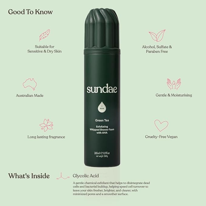 sundae Exfoliating Whipped Shower Foam Green Tea Foaming Body Wash with Glycolic Acid AHA for All Skin Types 8.9 fl oz, 265ml