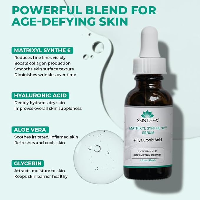 SKIN DEVA Matrixyl Synthe 6 Hyaluronic Acid Serum Anti Aging Serum Facial Serum Shrinks Pores and Keeps Skin Hydrated