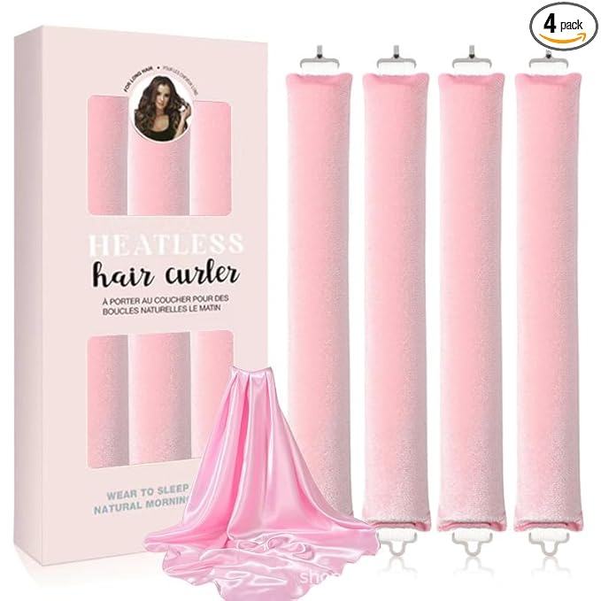 Heatless Hair Curls Overnight Curler - 4 Pcs Curling Rod to Sleep In, Velvet Hair Rollers with Satin Hair Scarf (Pink)