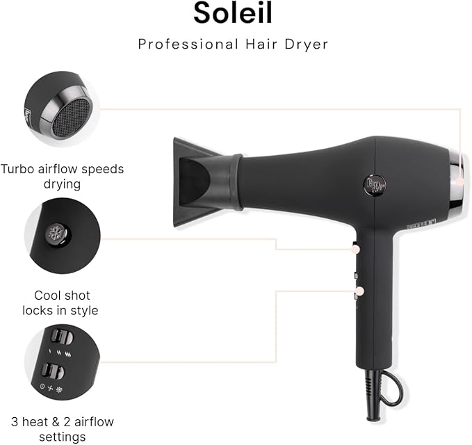 L’Ange Hair Soleil Professional Hair Dryer | Fast Drying Ionic Blow Dryer for Frizz-Free Results | 3 Heat Settings with Cool Shot Feature | Lightweight Hairdryer with Concentrator 1875W | Black