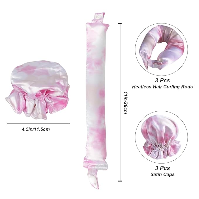 Hair Rollers Set - 6 Satin Heatless Curlers, Headband Rod, and Cap for No-Heat Curls on All Hair Types (Tie-dye Pink)