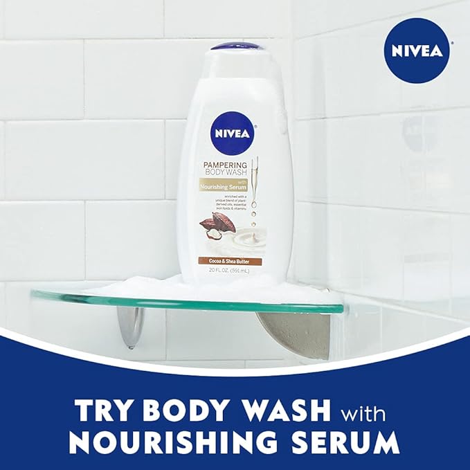 Nivea Pampering Cocoa and Shea Butter Body Wash with Nourishing Serum, Moisturizing Body Wash for Women, Enriched with Provitamin B5 and Vitamin E, 20 Fl Oz Bottle (Pack of 3)