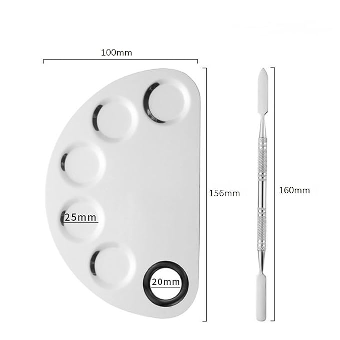 1Set of 5-Dents Half Moon Stainless Steel Cosmetic Palette with Spatula,Nail Makeup Mixing Color Plate Artist Painting Tools (Semi-Circle Five concave Color Palette)