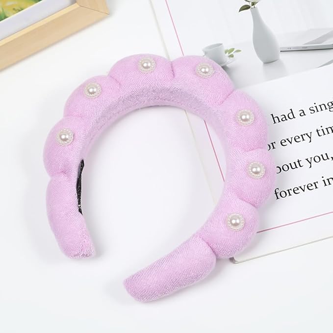 Spa Headbands Puffy Makeup Skincare Headbands for Washing Face or Facial, Terry Cloth Fabric Hairbands for Makeup Removal Shower Skin Treatment(Pink, Pearl)
