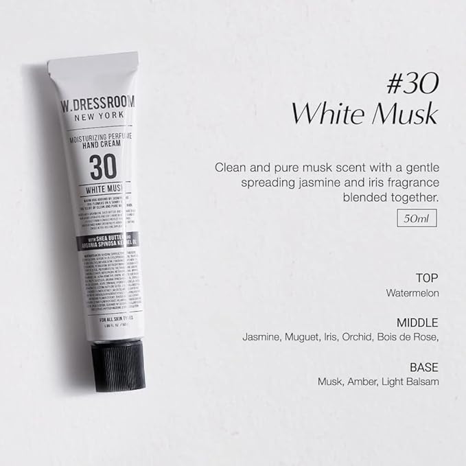W.Dressroom No.30 White Musk Moisturizing Hand Cream for Dry Hands, Non-Greasy Korean Hand Lotion & Hand Care for Women with Hydrating Formula, Travel Size (1.69 fl oz)