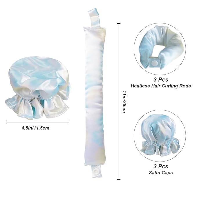 Satin Hair Rollers Set - 6 Heatless Curling Rods, Headband, and Cap for No Heat Curls on All Hair Types (Tie-dye Blue)