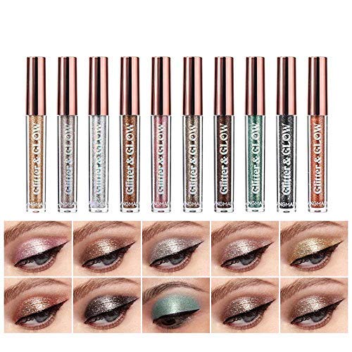 LANGMANNI 10 Pcs Liquid Glitter Eyeshadow,Metallic Shimmer Eyeshadow Sweatproof Makeup Set,Glitter Pressed All Highly Pigmented Blending Powder For Woman & Girl (10pcs)