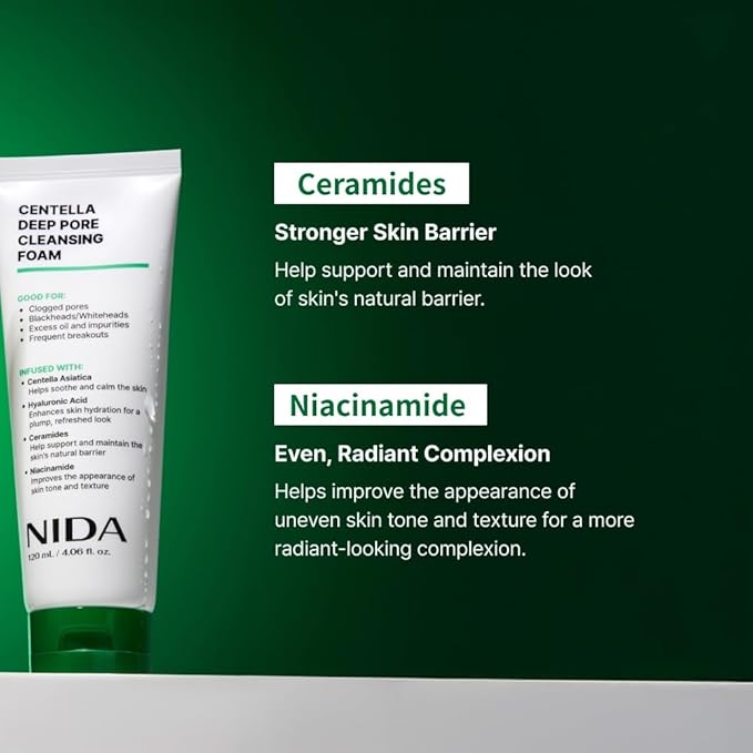 NIDA Centella Deep Pore Cleansing Foam | Centella Asiatica, Hyaluronic Acid, Ceramides, Niacinamide | Clogged Pores, Blackheads/Whiteheads, Good for Impurities & Breakouts | 4.06 oz., 120ml