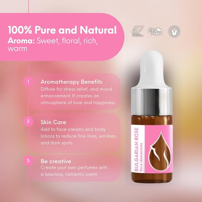 Essences Bulgaria Organic Rose Essential Oil 0,1 Fl Oz | 3ml | Rosa Damascena | 100% Pure and Natural | Undiluted | Therapeutic Grade | Family Owned Farm | Steam-Distilled | Non-GMO | Vegan