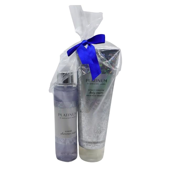Bath & Body Works PLATINUM Diamond Shimmer Mist & Ultimate Hydration Body Cream 2pc bundle with a Blue Bow for Holidays & Gifts