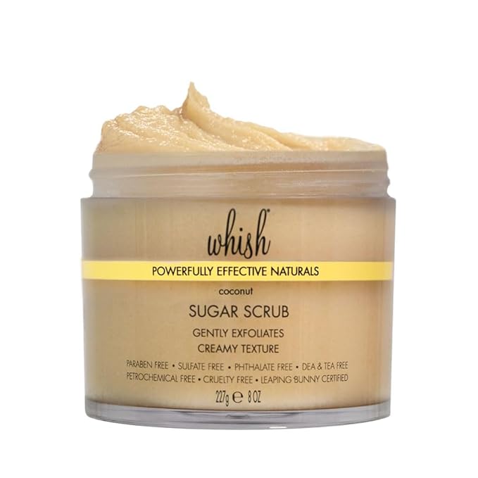 Whish Beauty Coconut Exfoliating Sugar Scrub - Body Scrub for Women - Brown Sugar Exfoliator with Raspberry, Aloe, & Shea Butter - Gentle on All Skin Types - Paraben & Sulfate Free - 8 oz