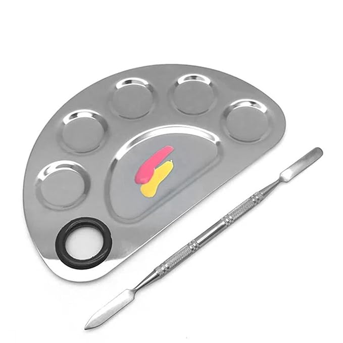 1Set of Semicircle 6-Dents Steel Nail Polish Cosmetic Makeup Blending Color Palette with Spatula, Painting Plate with Rod for Beauty Nail Art Salon Tool (Semi-circle six concave color palette)