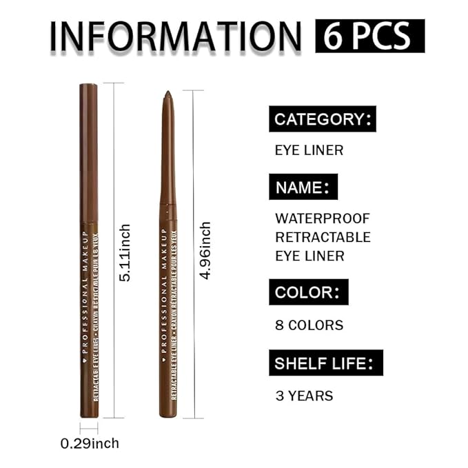 Retractable Creamy Eyeliner Eyeshadow Sticks for Eye Makeup, Ultra Pigmented Mechanical Eye Pencils, Smudge Proof Matte Satin Finish Formula, Longlasting, Vegan & Cruelty-Free (6 Pcs-Light Brown-04)