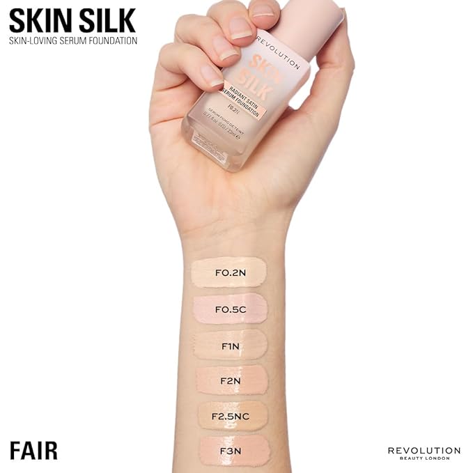 Revolution Skin Silk Radiant Satin Serum Foundation, Buildable Coverage with Hydrating Hyaluronic Acid for a Natural Finish, Vegan & Cruelty-Free, F3N Fair Skin Tones, 0.77 fl oz