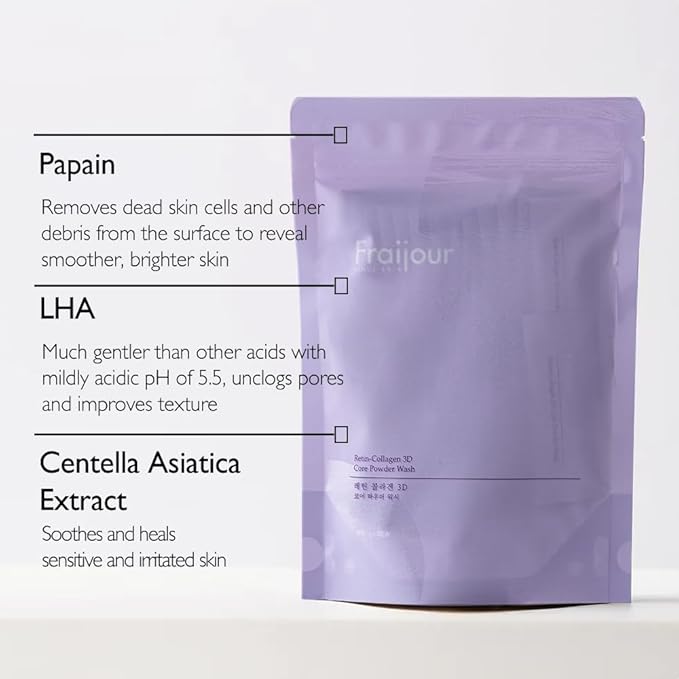 Fraijour Retin-Collagen 3D Core Powder Wash – Exfoliating Powder Cleanser with Papain & 7 Collagens, Tightens Pores, Smooths Skin, Anti-Aging, For Oily & Acne-Prone Skin, 30 Packets, 0.04 oz. each