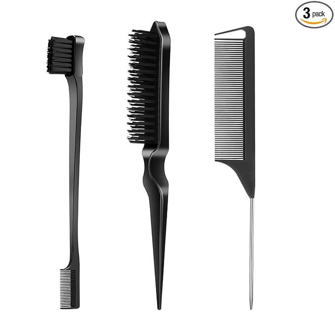 SWEET VIEW 3 Pcs Slick Back Hair Brush, Rat Tail Comb, Edge | Bristle Brush, Hair Accessories for Girls, Kids, Toddlers Sleek Ponytail/Bun, Edge Control and Smoothing Baby Hair & Flyaways