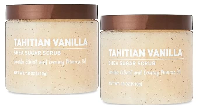 Shea Sugar Scrub, 18 oz ea. container, with, Ultra Hydrating and Exfoliating Scrub for Nourishing Essential Body Care + King Combo QR Code (Tahitian Vanilla (2 count))