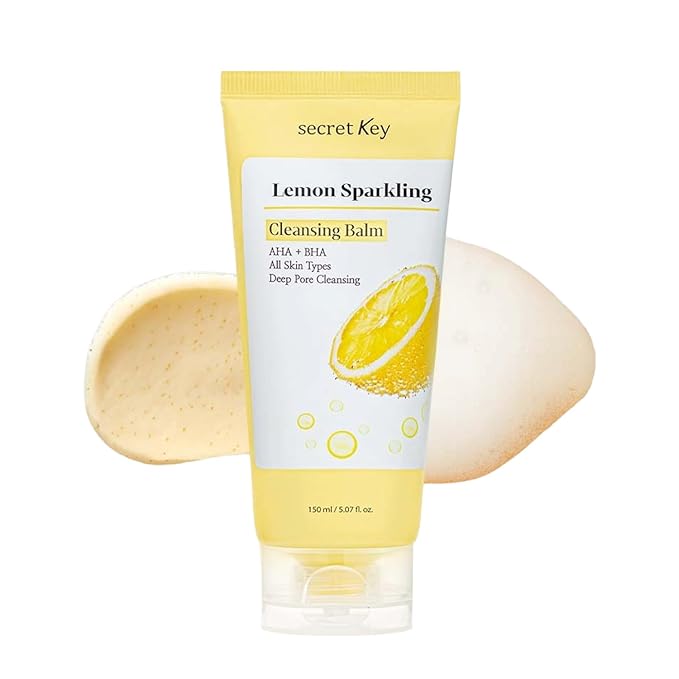 SECRETKEY Lemon Sparkling Cleansing Balm, Lemon Extract with AHA & BHA, Gentle Exfoliating and Hydrating Makeup Remover, Helps Cleanse Pores and Remove Impurities, Korean Skincare (5.07 fl oz / 150ml)