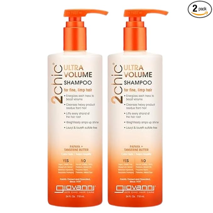 GIOVANNI 2chic Ultra-Volume Shampoo - Daily Volumizing Formula with Papaya & Tangerine Butter, Promotes Weightless Control for Fine Limp Thin Hair, No Parabens, Color Safe - 24 oz (Pack of 2)