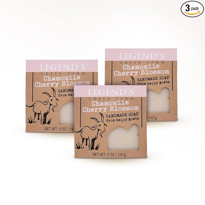 Legend's Creek Farm Goat Milk Soap - Cleansing Moisturizing Bar for Hands and Body - 5 Oz Creamy Lather, Nourishing, Gentle Natural Soap for Sensitive Skin (Chamomile Cherry Blossom, Pack of 3)