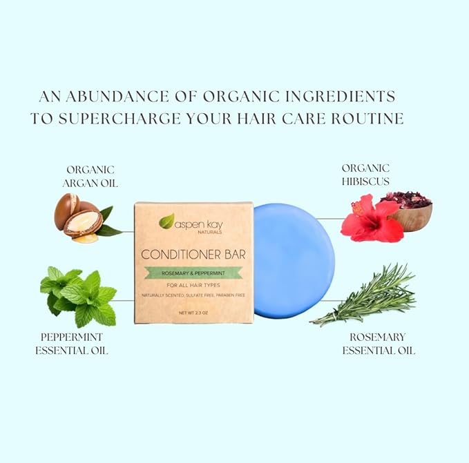 Aspen Kay Naturals Conditioner Bar, Made With Natural & Organic Ingredients, All Hair Types including frizzy hair, 2.3 Ounce Bar. (Rosemary & Peppermint)