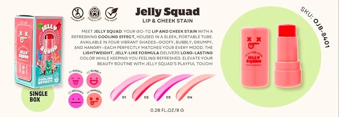 Jelly Squad Lip and Cheek Stain – 2-in-1 Tinted Jelly Blush & Lip Stain, Long-Lasting, Lightweight, Natural Finish – Buildable, Blendable Color – Grumpy (4PCS, 0.28 FL.OZ/8G（pack of 4）)