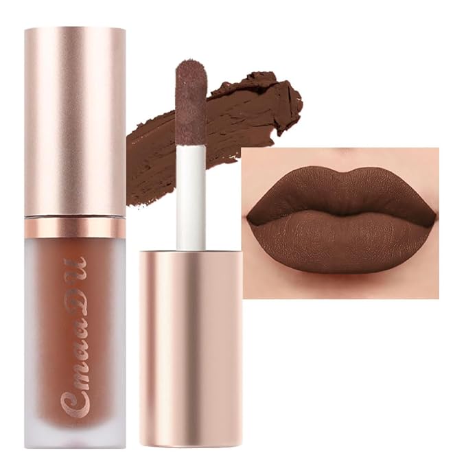 evpct 1Pcs Dark Brown Matte Liquid Lipstick Lip Gloss Glossy Set for Black Women 24 Hour Silky Velvet Lipstick 04#