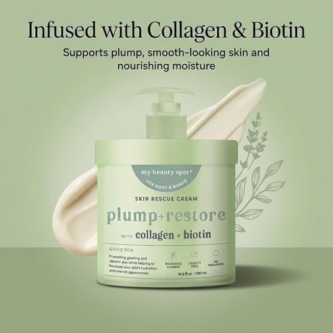 My Beauty Spot Collagen & Biotin Hand Cream with Pump Plump & Restore Moisturizing Hand Lotion for Extremely Dry Cracked Hands, Non-Greasy Body Moisturizer - 16.9 fl oz