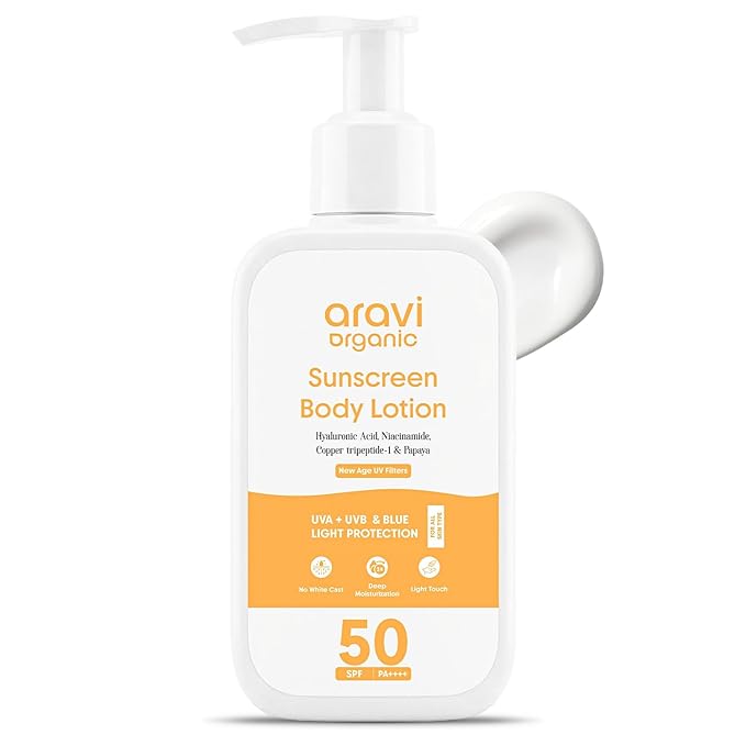 Aravi Organic Oil-Free Body Sunscreen Lotion SPF 50 | (In-Vivo) Dermatologically Tested | Travel Size | Broad Sprectum, UVA/UVB & Blue Light Protection | Zinc Oxide & Titanium Dioxide | 3.38 Fl Oz