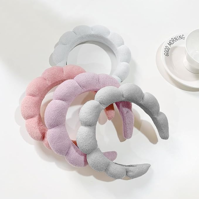 AOENJIE Spa Headbands for Washing Face or Makeup, Sponge Bubble Skincare Headbands, Puffy Terry Cloth Hairband for Women, Skin Care Makeup Headwear Hair Accessories for Girls (White)