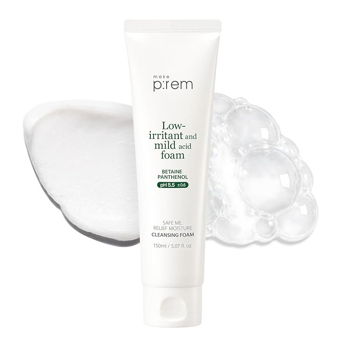 MAKE P:REM Safe Me. Relief Moisture Cleansing Foam, Delicate Eye-Friendly Face Wash for Sensitive Skin, pH Balanced Deep Pore Cleansing, Korean Skin Care, 5.07 Fl Oz, 150ml