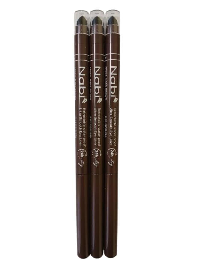 Nabi 3 Pieces Gel Glide Eyeliner Water Proof, Ultra Smooth Up To 24 Hour Wear, Smudge Proof Built In Sharpener & Smudger, Packaging May Vary (VALUE PACK-Dark Brown)