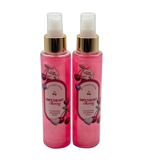 Bath & Body Works SWEETHEART CHERRY Diamond Shimmer Mist for Women 2-piece Set with a Red Bow for Holidays – 4.9 fl oz each